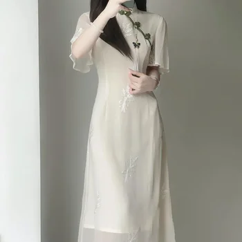 2023 Moterys Geresnės Vasaros Suknelė Smėlio Spalvos Siuvinėjimo Derliaus Cheongsam Moterų Tradicinės Suknelės, Elegantiškos Mados Qipao