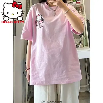Hello Kitty Drabužius trumpomis Rankovėmis marškinėliai Y2k Moterų 2023 Vasaros Pink Cartoon Pora Streetwear Prarasti Atsitiktinis Estetinės Merginų Topai