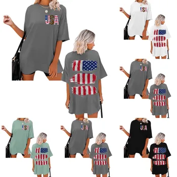 Moterų Atsitiktinis Nepriklausomybės Diena Spausdinti Marškinėliai Trumpomis Rankovėmis Marškiniai Prarasti BlouseTops Ilgai Moterų Marškinėliai Jauniai Grafinis Viršūnės