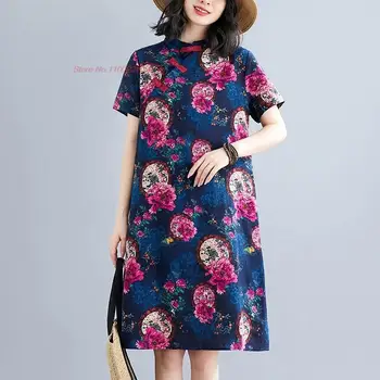 2024 m. kinijos vintage suknelė cheongsam nacionalinės gėlių spausdinti medvilnės, lino suknelė pagerėjo qipao kinijos-line qipao liaudies suknelė